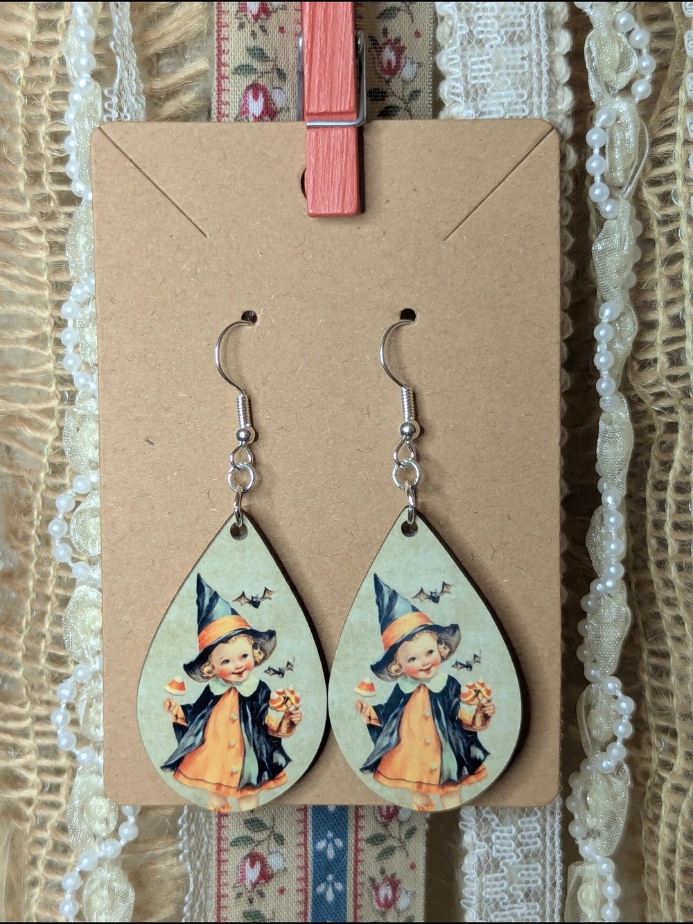 Vtg. Witch Candy Corn Halloween Teardrop Earrings